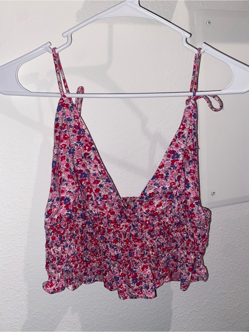 Pink Floral Smocked Ruffle Crop Top with Adjustable Straps
